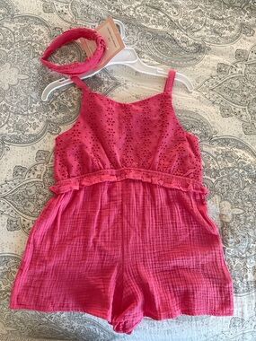 cupcakes & cashmere Bright Pink Eyelet Gauze Romper with Headband